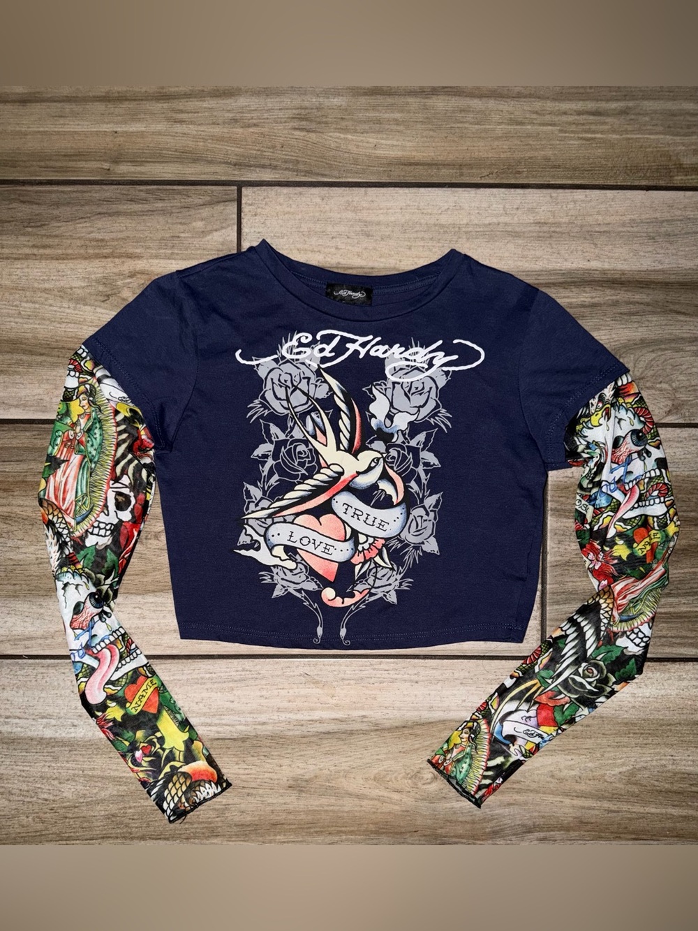 Ed Hardy Navy 'True Love' Graphic Long Sleeve Crop Top